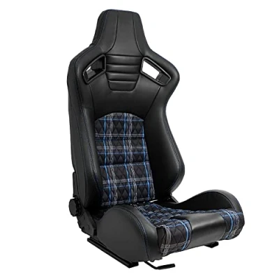 Abbildung von AUTO STYLE Sportsitze &#039;GT&#039; Schwarz Kunstleder + Stoff in Blau Karomuster Blaue Naten Doppelseitig Verstellbare Rückenlehne inkl. Laufschienen