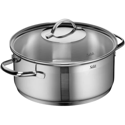 Abbildung von Silit Achat Kochtopf groß 24cm, Glasdeckel, Bratentopf Induktion 4,1l, Edelstahl teilmattiert, unbeschichtet, backofengeeignet