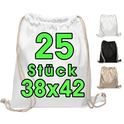 Abbildung von Baumwoll Turnbeutel 25 Stück 38 x 42cm Sportbeutel Rucksack Stofftasche Bag, Beutel, Baumwollbeutel, Jutebeutel OEKO TEX® zertifiziert Stoffbeutel Einkaufsbeutel Gym Sac Sack zum bemalen Set Weiss