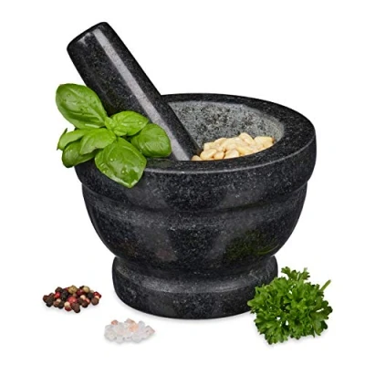 Abbildung von Relaxdays Granit Mörser mit Stößel, robust &amp; langlebig, Gewürze, Kräuter, polierter Steinmörser, Ø 14 cm, 400 ml, grau, 10 x cm