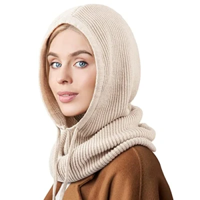 Abbildung von DRESHOW Wintermützen für Damen Balaclava Strickmütze Skull Cap mit Kordelzug Warmer Kapuzenschal Mütze