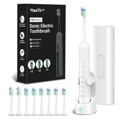 Abbildung von Elektrische Zahnbürste, Schallzahnbürste für Erwachsene und Kinder, Electric Toothbrush mit 5 Putzmodi 3 Intensitätsstufen Integrierter Timer 8 Zahnbürstenköpfen, Reiseetui, Weiß