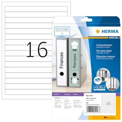 Abbildung von HERMA 5118 Ordnerrücken Etiketten kurz, 25 Blatt, 192 x 16,9 mm, 16 pro A4 Bogen, 400 Stück, selbstklebend, bedruckbar, blickdicht, blanko Papier Ordneretiketten Rückenschilder Aufkleber, weiß