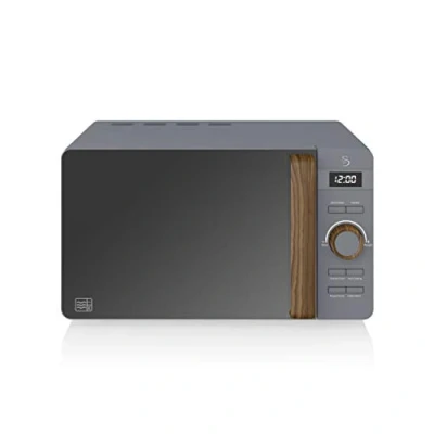 Abbildung von Swan Nordic Digitale Mikrowelle 20 l, 6 Betriebsstufen, 800 W Leistung, 30 Minuten Timer, einfache Reinigung, Auftau Modus, modernes Design, Holz Effekt, grau matt