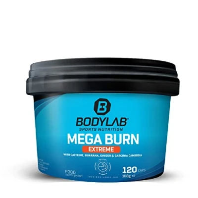 Abbildung von Bodylab24 Mega Burn Extreme 120 Kapseln, mit 200mg Koffein je Tagesdosis, enthält zahlreiche Pflanzenstoffe wie Guarana, Ingwer &amp; Garcinia Cambogia, ideal zur Unterstützung für Diät und Definition