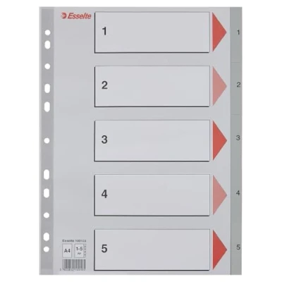Abbildung von Esselte Register für A4, Deckblatt aus Karton und 5 Trennblätter Kunststoff, Taben mit Zahlenaufdruck 1 Tabs, Überbreite, Grau, 100103