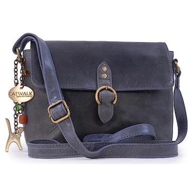 Abbildung von Catwalk Collection Handbags Damen Leder Umhängetasche Crossbody Bag/Handtasche Klein Verstellbarer Schultergurt FREYA Blau