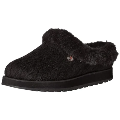 Abbildung von Skechers Damen Keepsakes Ice Angel Low Top Slipper, Black Cable Knit Sweater Faux Fur Trim, 38.5 EU