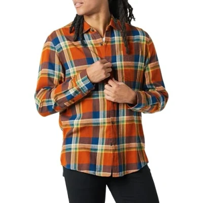 Abbildung von Amazon Essentials Herren Langarmhemd aus Flanell (in Übergröße erhältlich), Blau Rostfarben Orange Karomuster, L