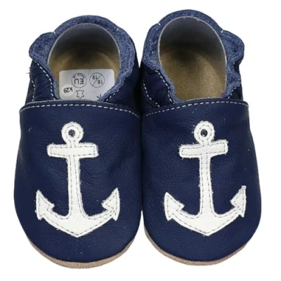 Abbildung von HOBEA Germany Krabbelschuhe für Jungs und Mädchen in verschiedenen Designs, Kinderhausschuhe Jungen, Lederschuhe, Schuhgröße:24/25 (24 30 Monate), Modell Schuhe:Anker auf dunkelblau
