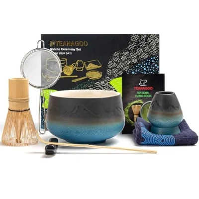 Abbildung von TEANAGOO Japanisches Matcha Set (7tlg.) Schneebesen Mtacha Kit Schale Bambus (chasen) Schaufel (chashaku) Schneebesenhalter. N23, Farbverlauf Navy