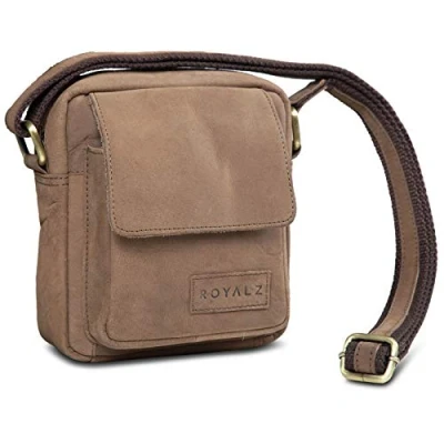 Abbildung von ROYALZ &#039;Austin&#039; Moderne Echtleder Umhängetasche Klein Herren Schultertasche Mini Messenger Bag Vintage Ledertasche zum Umhängen Kleine Männer Schultertasche, Farbe:Montana Braun