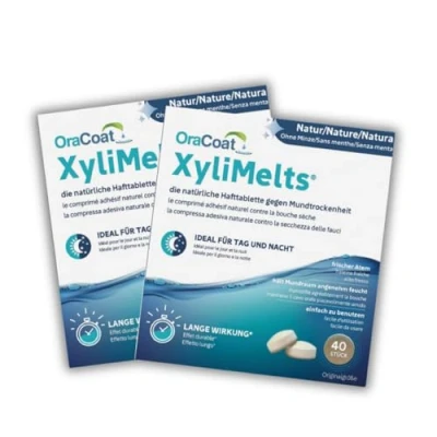Abbildung von OraCoat XyliMelts 80 Haft Tabletten gegen Mundtrockenheit Diskret Im Schlaf verwendbar VEGAN Ohne Minze