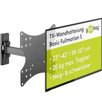 Abbildung von goobay TV Wandhalterung 23 bis 42 Zoll, voll bewegliche neig und schwenkbare Monitorhalterung, 20 kg Tragkraft, 44 192 cm ausziehbarer Wandabstand, VESA Standard, Doppelarmgelenk 49713 Schwarz