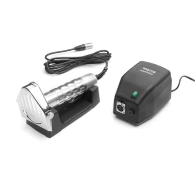 Abbildung von HENDI Dönermesser, Elektrisches, Kebabschneider, Inklusive Klingenschärfstein, Klingenständer und Schraubenzieherr, gezackte Große, glatte Ø 80 mm Klinge, 230V, 80W, 232x120x(H)115mm, Edelstahl