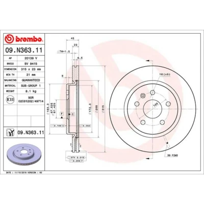 Abbildung von BREMBO 09.N363.11 Bremsscheibe 315 23 5 innenbelüftet beschichtet OPEL: Insignia B Sports Tourer, Grand Sport