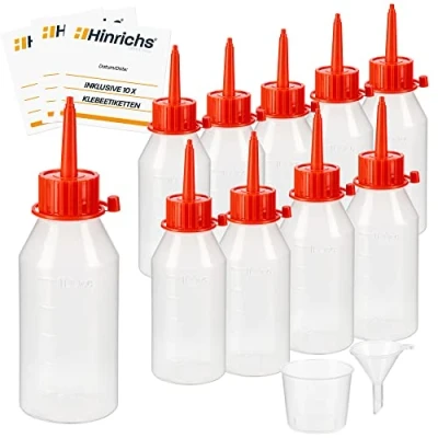 Abbildung von Hinrichs 10 x100 ml Liquid Tropfflasche mit Trichter Messbecher Etiketten Flüssigkeiten dosieren aufbewahren LDPE Qualität 100ml Flaschen Squeeze Bottle Flasche