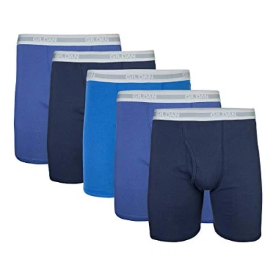Abbildung von Gildan Herren Boxershorts mit normalem Bein, Multipack Retroshorts, Marineblau/Metroblau/Antik Royal (5er Pack), M