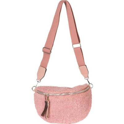 Abbildung von styleBREAKER Damen Teddyfell Halbmond Crossbody Schultertaschen Einfarbig, verstellbarer Schultergurt 02012403, Farbe:Altrose