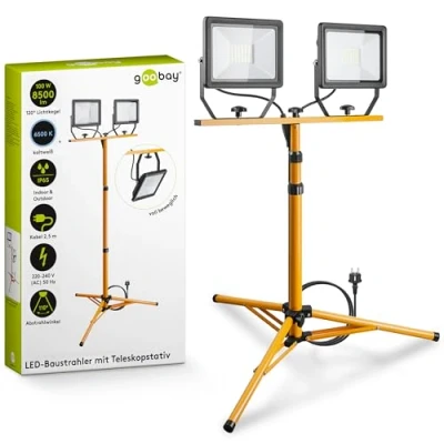 Abbildung von Goobay 2 x 50W Baustrahler LED mit Stativ einstellbar und 2,5m Kabel für Baustelle, Werkstatt oder Keller IP65 Baulampe Innen &amp; Außenbereich Strahler 2x8500 Lumen kaltweißes Licht 6500K