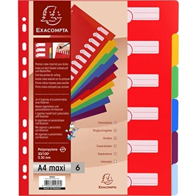 Abbildung von Exacompta 4806E Premium Register für DIN A4 MAXI aus langlebigem Kunststoff 6 teilig volle Höhe 24 x 29,7 cm blickdicht Farben mit Organisationsdruck auf der ersten Seite Trennblätter