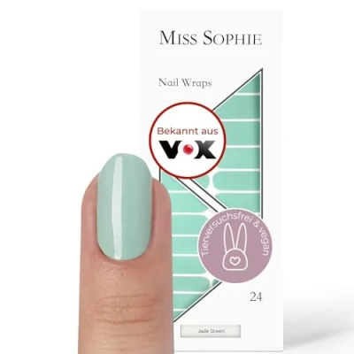 Abbildung von Original Miss Sophie Nagelfolien Jade Green I 24 ultra dünne Nagellack Streifen einfarbig in Grün Für Finger &amp; Fußnägel Hält auf Natur sowie lackierten, Acryl , Gel Shellac Nägeln