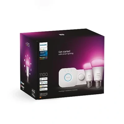 Abbildung von Philips Hue White &amp; Color Ambiance Starter Set mit E27 Lampen 2 er Pack (1100), Smart Button + Bridge, TESTSIEGER Stiftung Warentest (01/2024), 16 Mio. Farben per Sprache und App steuerbar