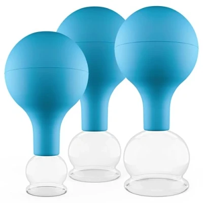 Abbildung von Pulox Schröpfgläser Set aus Echtglas mit Saugball 3x Medizinisches Schröpfglas in Blau 25mm, 32mm, 40mm