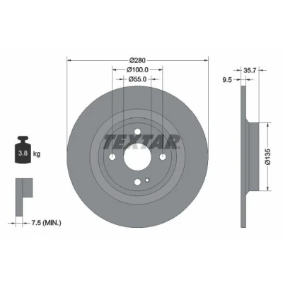 Abbildung von TEXTAR 92320003 Bremsscheibe 280 9,5 04/05 100 voll beschichtet ohne Radbefestigungsbolzen, Radnabe MAZDA: MX 5 IV