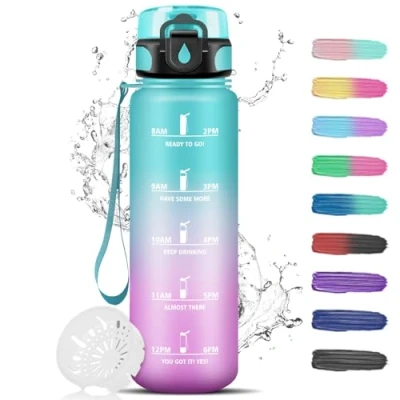 Abbildung von Trinkflasche 1L, Sport mit Filter, Sporttrinkflasche, Auslaufsicher, Leicht zu Reinigen, Wasserflasche Zeitmarkierung, Schule, Camping, Outdoor, Wandern, Running