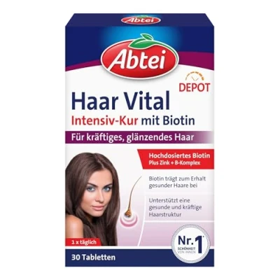 Abbildung von Abtei Haar Vital Intensiv Kur Hochdosiertes Biotin, Zink und Vitamin B Komplex mit Depot Effekt für kräftiges, glänzendes vegan 30 Tabletten
