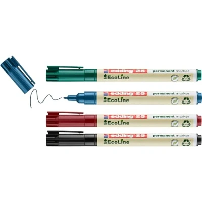 Abbildung von edding 25 Ecoline Permanentmarker Set bunte Farben 4 Stifte Rund Spitze 1 mm schnell trocknender Permanent Marker wasserfest, wischfest Karton, Kunststoff, Holz, Metall Universalmarker