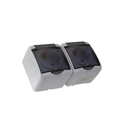 Abbildung von 2 fach Aufputz Schuko Feuchtraum Steckdose IP54 mit Abdeckung Rauch Glas (2 fach)