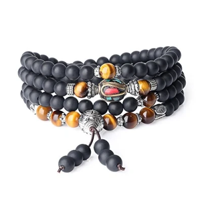 Abbildung von COAI Geschenkideen Gebetsarmband aus 108 Geschliffenem Onyx und Gelbem Tigerauge mit Nepalesischer Perlen Tibetisches Wickelarmband Halskette für Damen Herren