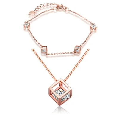 Abbildung von Yumilok Roségold 925 Sterling Silber Zirkonia Würfel Charm Armband Halskette Schmuck Set Armkette &amp; Kette mit Anhänger für Damen Mädchen