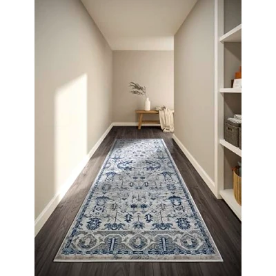 Abbildung von Villeroy &amp; Boch Kurzflor Teppich Emmanuel Klassischer Wohnzimmerteppich Traditioneller für Wohnzimmer, Schlafzimmer, Esszimmer, Flur, Küche Creme Blau, 80x240cm