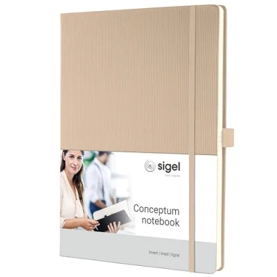 Abbildung von SIGEL CO641 Premium Notizbuch liniert, A4, Hardcover, 194 nummerierte Seiten, beige, nachhaltiges Papier, mit Inhaltsverzeichnis, Stiftschlaufe, Falttasche, Gummibandverschluss, Conceptum
