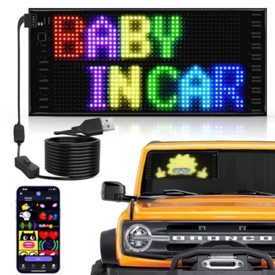 Abbildung von Doppelreihig Scrollen Led Anzeigetafel, 27x12cm Anzeige Programmierbar, Laufschrift, Leuchtreklame Personalisiert Leuchtschild FüR Auto, LKW, Text, Graffiti, Smart App, Bluetooth, USB 5V/2A