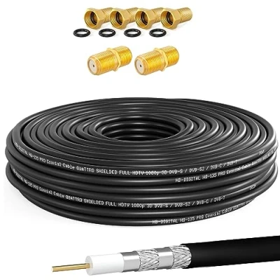 Abbildung von HB DIGITAL 10m Koaxialkabel SAT HQ135 PRO inkl. 2x F Verbinder + 4x Stecker vergoldet GRATIS dazu Satellit Antennenkabel 4 Fach geschirmt für DVB S/S2 C/C2 T/T2 DAB+Radio BK Anlagen
