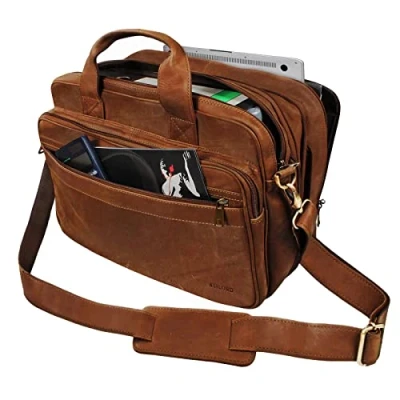 Abbildung von STILORD Vintage Umhängetasche Leder groß Ledertasche Aktentasche Lehrertasche Laptoptasche Büffel Cognac Braun