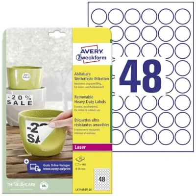 Abbildung von AVERY Zweckform L4716REV 20 Wetterfeste Folienetiketten (960 Aufkleber, Ø30mm auf A4, selbstklebend, wasserfest, wiederablösbar, strapazierfähig, bedruckbare Outdoor Klebefolie) Blatt, weiß
