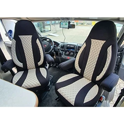 Abbildung von BREMER SITZBEZÜGE Maß Piloten Schonbezüge Sitzbezüge kompatibel mit Wohnmobil Ducato Weinsberg Adria Dethleffs Zubehör 2er Schonbezug Set inkl. Armlehnen Bezüge in Schwarz/Beige WPL410