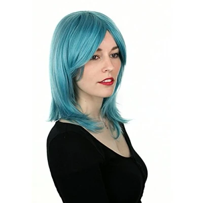 Abbildung von Prettyland Damen Türkis Blaue Mittellange Gestuft Glatte Schulterlange Perücke mit Pony Wig C583