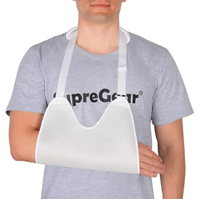 Abbildung von supregear Gittergewebe Armschlinge mit weichen Schulterpolstern, Verstellbare Atmungsaktive Schulter Wegfahrsperre Duscharmschlinge Medizinische Ellbogenstütze für Den Linken/Rechten Arm