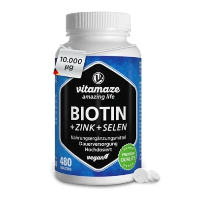 Abbildung von Biotin hochdosiert 10.000 mcg + Selen Zink für Haarwuchs, Haut &amp; Nägel, 480 vegane Tabletten Tage, Nahrungsergänzung ohne Zusatzstoffe, Made in Germany
