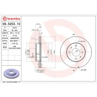 Abbildung von BREMBO 09.5253.10 Bremsscheibe 240 18 4 innenbelüftet NISSAN: 100NX, SUNNY 2 Hatchback, Coupe