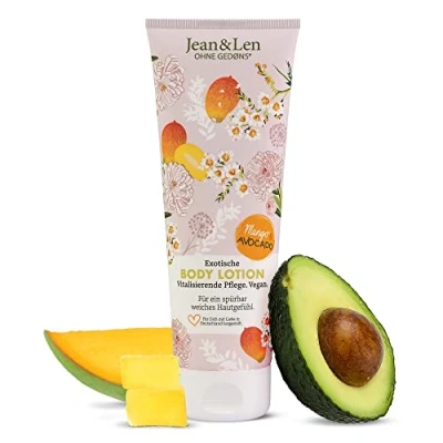 Abbildung von Jean &amp; Len exotische Body Lotion Mango Avocado, für alle Hauttypen, leichte Formulierung, zieht schnell ein, pH hautideal, ohne Parabene Silikone, vegan, 250 ml