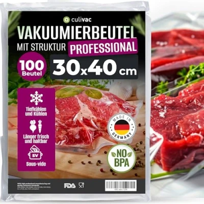 Abbildung von Vakuumierbeutel culivac 100 Vakuumbeutel 30x40cm Premium, Folienbeutel für jedes Folienschweißgerät Vakuumiergerät Vakuumierer, Vakuumierfolie &quot;Professional&quot; sous vide, Made in Germany, BPA frei