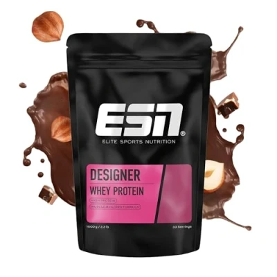 Abbildung von ESN Premium Designer Whey Protein Pulver, Milky Hazelnut, 1 kg, bis zu 23 g pro Portion, ideal zum Muskelaufbau und erhalt made in Germany