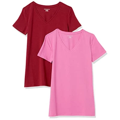 Abbildung von Amazon Essentials Damen Kurzärmeliges T Shirt mit V Ausschnitt, Klassischer Schnitt, 2er Pack, Burgunderrot/Rosa, XXL
